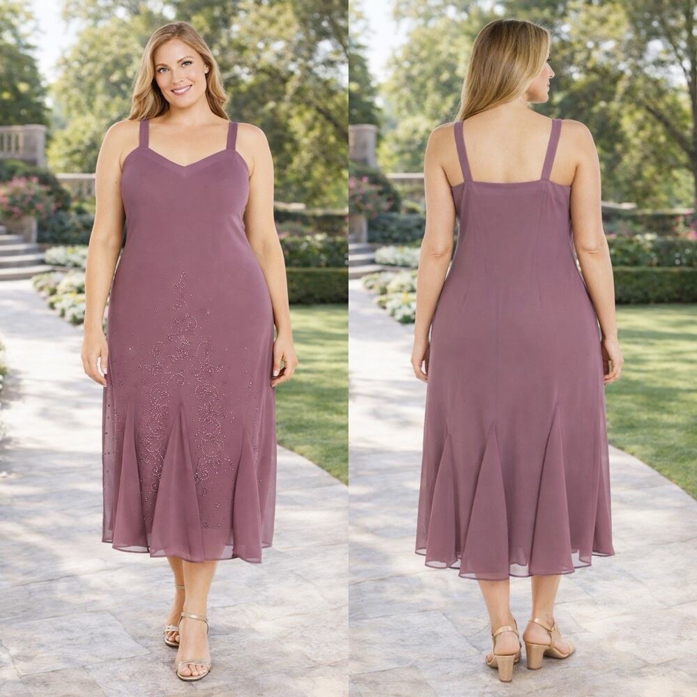 R&M Richards Beaded Chiffon Slip Dress 22W Dark‎ Rose Mother Of The Bride Formal